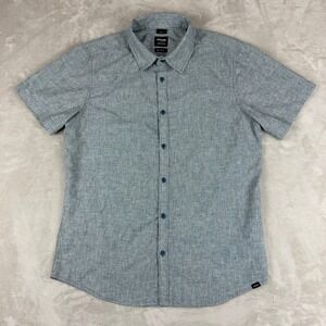 Prana Shirt Mens M Teal White Gingham Slim Fit Short Sleeve Hemp Blend Outdoors